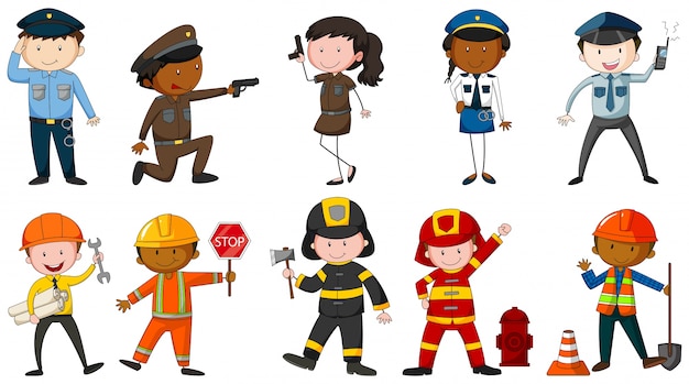 Set of men and woman in different job costumes on white background