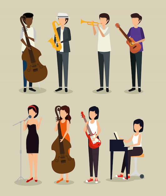 Free vector set men and woman play instrument