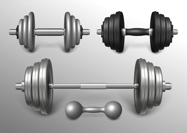 Set of metal barbell and loadable dumbbells realistic vector illustration. heavy fitness sport tools for training, weightlifting workout. powerlifting gear and gym equipment for strong muscles.