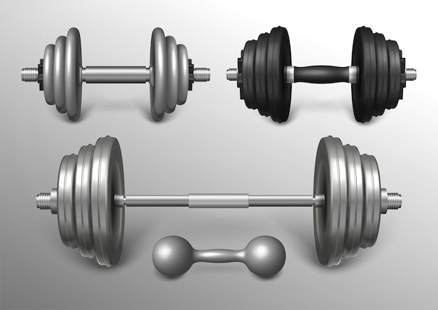 Free vector set of metal barbell and loadable dumbbells realistic vector illustration. heavy fitness sport tools for training, weightlifting workout. powerlifting gear and gym equipment for strong muscles.