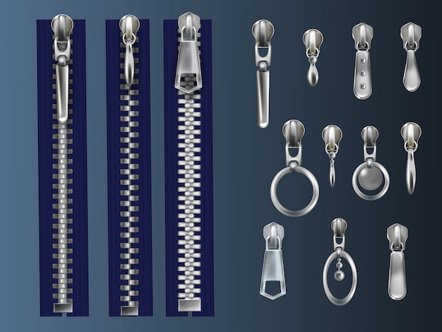 Free vector set of metal, closed zippers on blue fabric tape and steel pullers with various eyelets