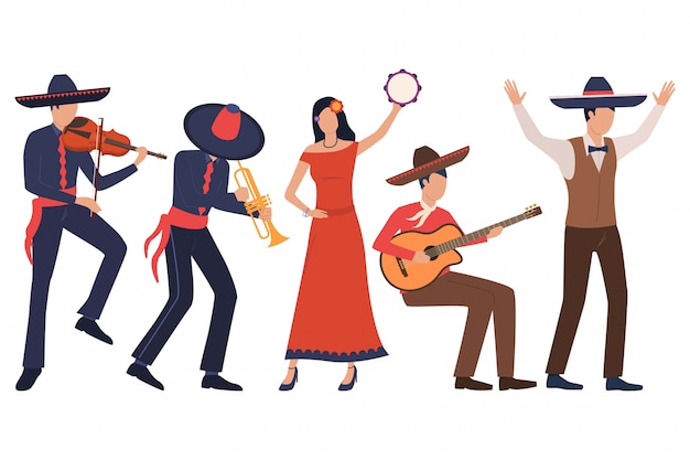 Free vector set of mexican musicians. men in sombreros playing instruments