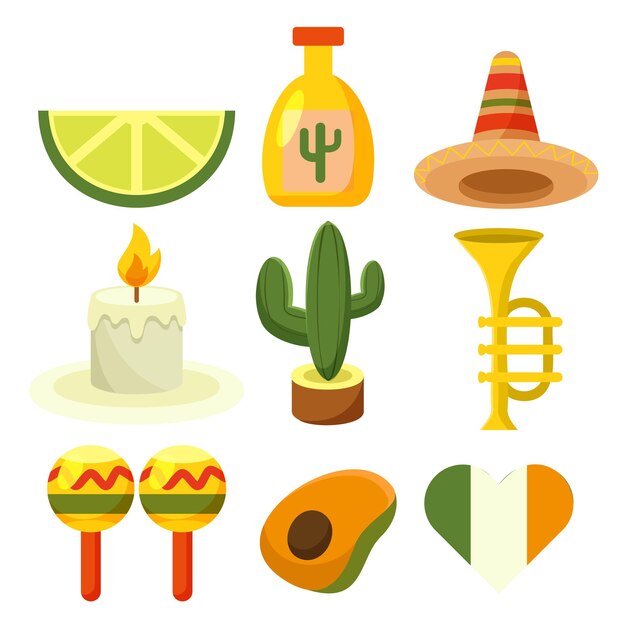 Set of mexico elements in flat Icons for fiesta celebration national patterns decoration traditional food Vector illustration