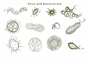 Vettore gratuito insieme di batteri microscopici e germi di virus