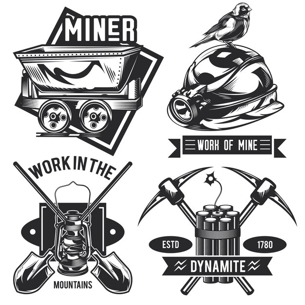 鉱夫のエンブレム、ラベル、バッジ、ロゴのセット。