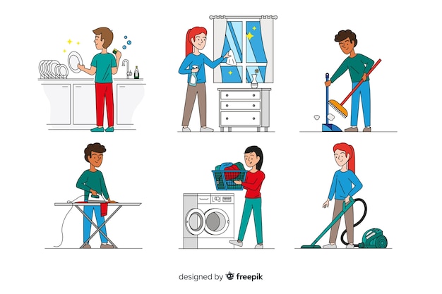 Set of minimalist characters doing housework