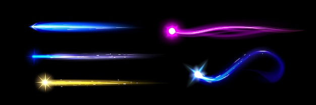 Vettore gratuito set di scie luminose missilistiche isolate su sfondo nero illustrazione vettoriale realistica degli effetti di movimento futuristici dell'arma laser con freccia di energia magica del razzo nei colori giallo neon blu viola