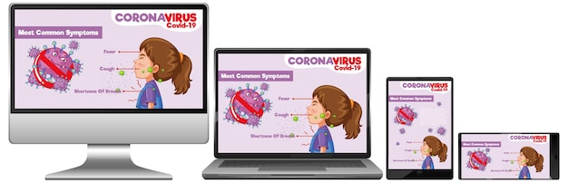 画面デスクトップ上のcovid-19情報を備えたモバイルデバイスのセット