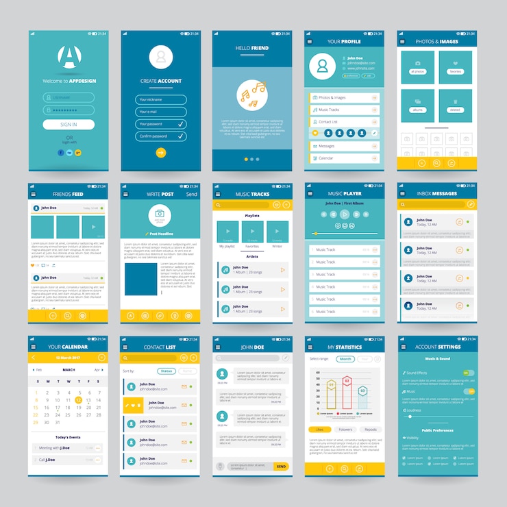 Free Vector set of mobile screens with ui for applications including music player photos