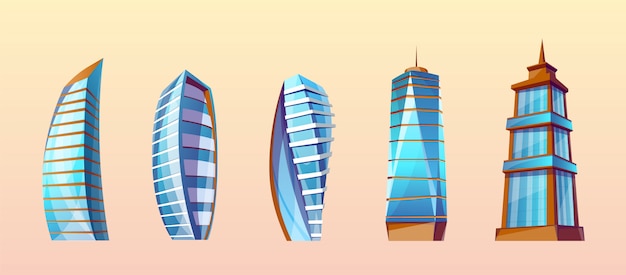 Vettore gratuito insieme di edifici moderni in stile cartoon. grattacieli urbani, esterno della città