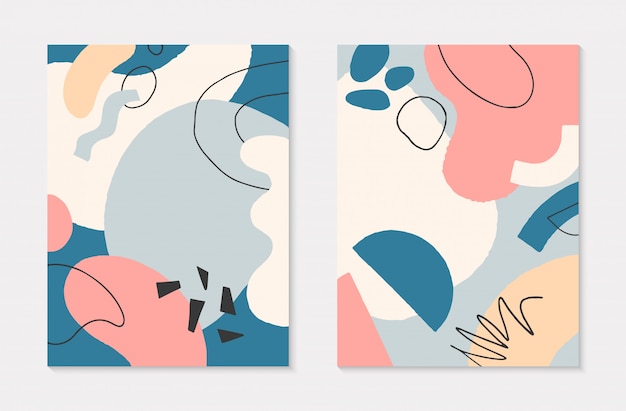 Set of modern collages with hand drawn organic shapes and textures in pastel colors