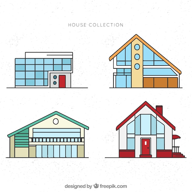 Free vector set of modern facades of houses in linear style