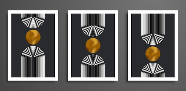 Set of modern minimalist mid century style abstract backgrounds. wall art prints design. simple geometric shapes. boho line arch, textured circle, sun, moon, rainbow. golden circle texture.