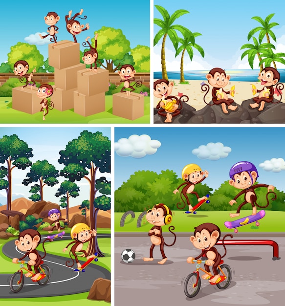 Free vector set of monkey in different background