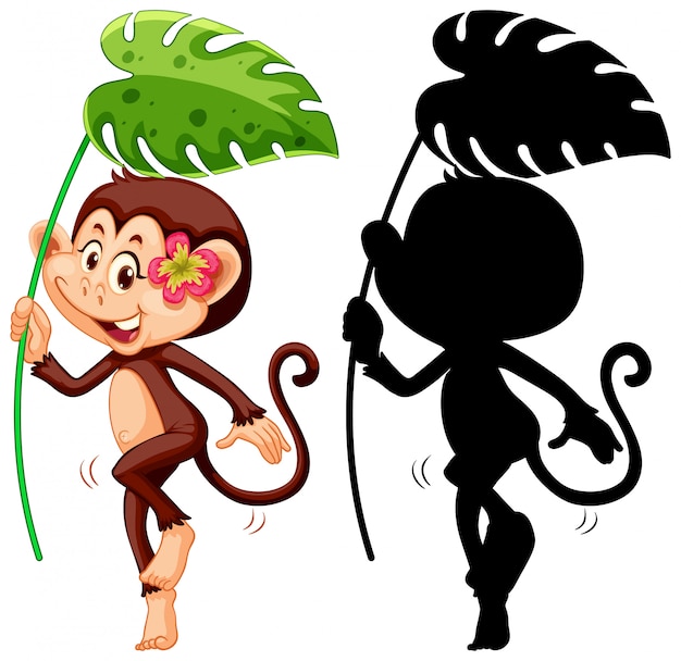 Set of monkey holding leaf and its silhouette