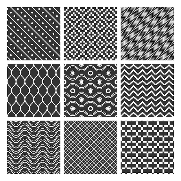 Free vector set of monochrome geometric seamless patterns