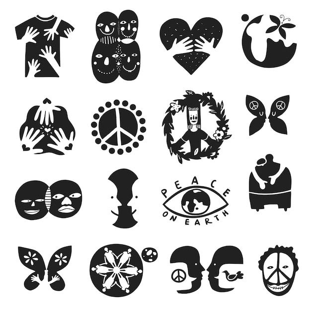Set of monochrome international friendship symbols with peace sign, brother, children of earth, equality isolated illustration