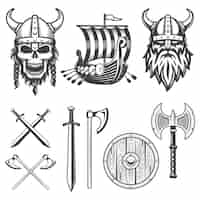 Free vector set of monochrome viking elements isolated on white background