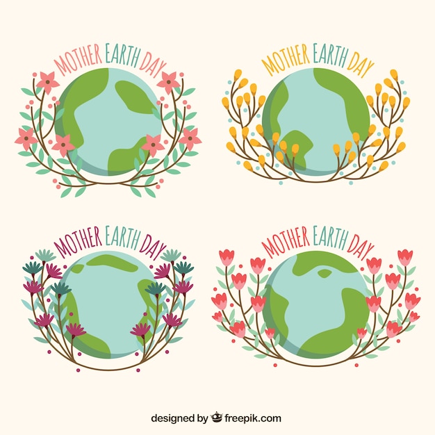 Free vector set of mother earth day stickers with floral elements