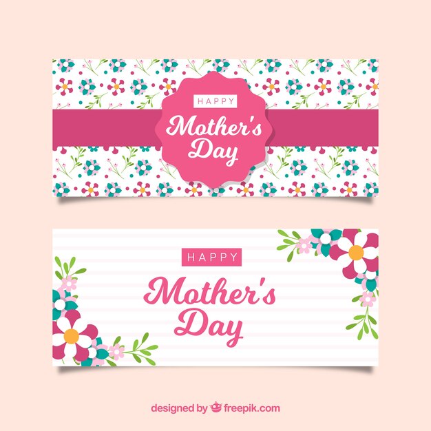 set of mother's day banners with colorful flowers