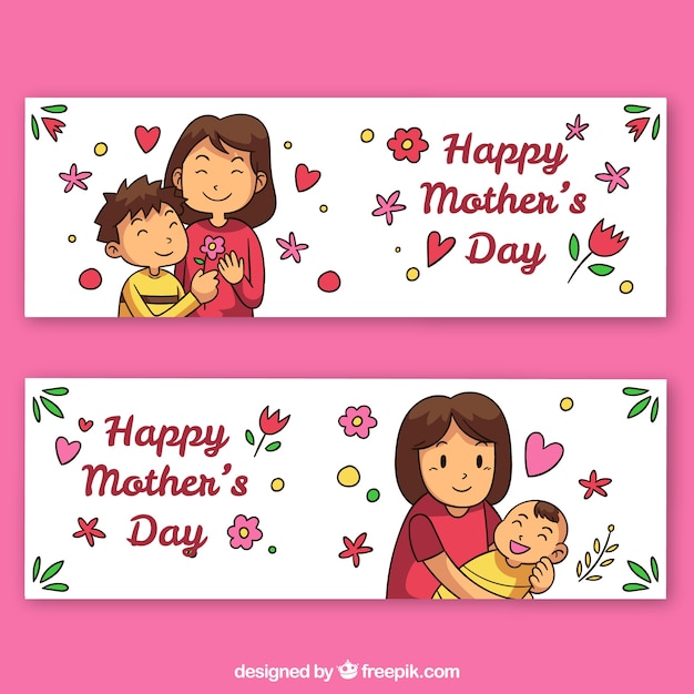 Set of mother's day banners with happy family