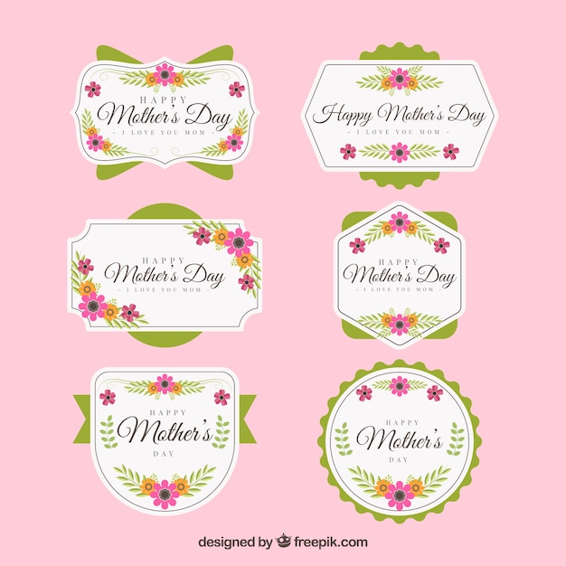 Free vector set of mother's day labels with flowers