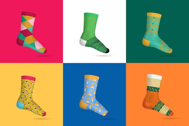 set of multicolored socks for woman on different square