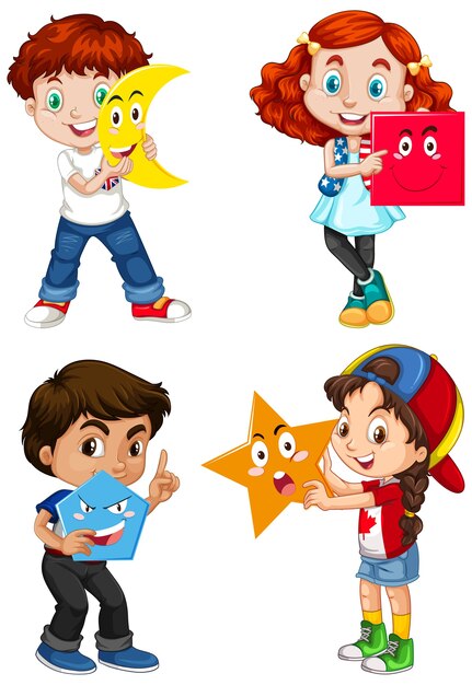 Set of multicultural children holding geometric shapes
