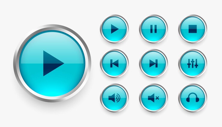 Free Vector set of multimedia player icon with metallic border design