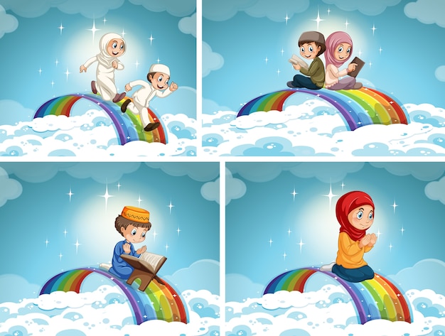 Free vector set of muslim couple kid on rainbow in the sky