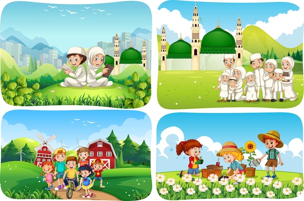 Free vector set of muslim people cartoon character in different scene