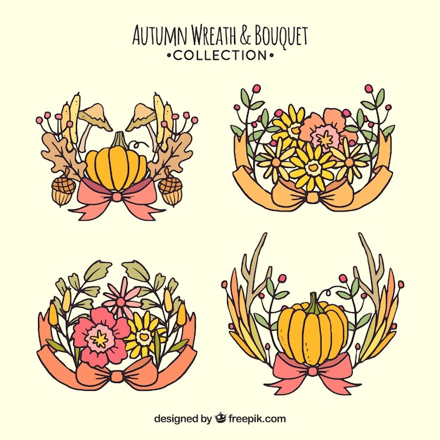 Set of natural hand drawn autumn wreath