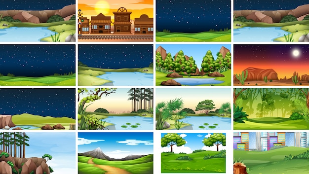 Set of nature scenes or background in day and night