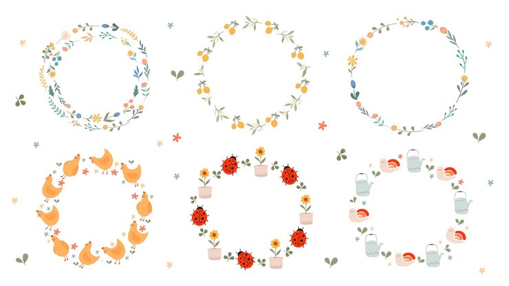 葉、花、動物と自然の花輪のセット