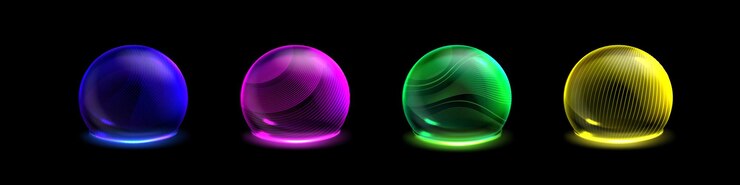 Free Vector set of neon color sphere shields isolated on black background vector realistic illustration of blue purple green yellow 3d domes magic energy barrier effect data security protection technology