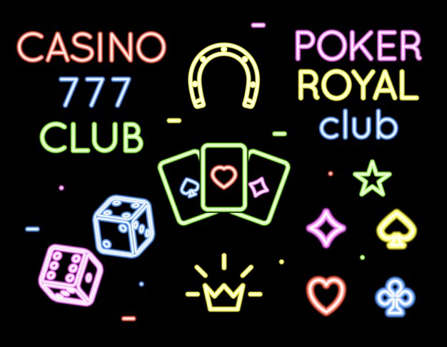 ポーカークラブとカジノのネオンライトのロゴのセット。ギャンブルとカード、ゲームと遊び