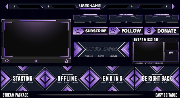 Set of neon purple live stream overlay facecam alerts and others element design