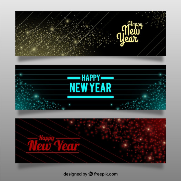 Vettore gratuito set of new year banner con luci e linee