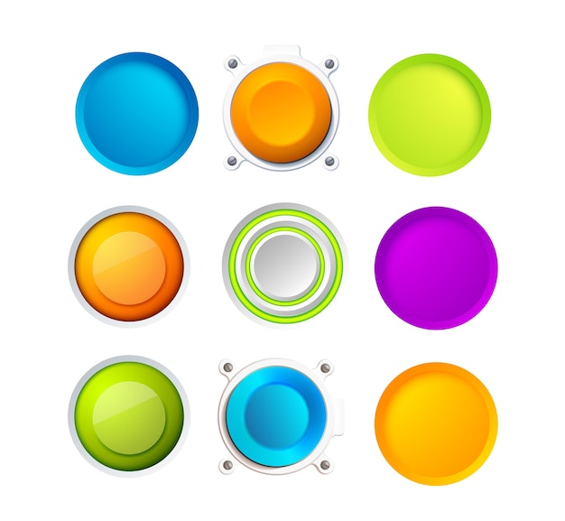 Set of nine blank colorful round buttons for website, internet or applications with eight small points around two ones