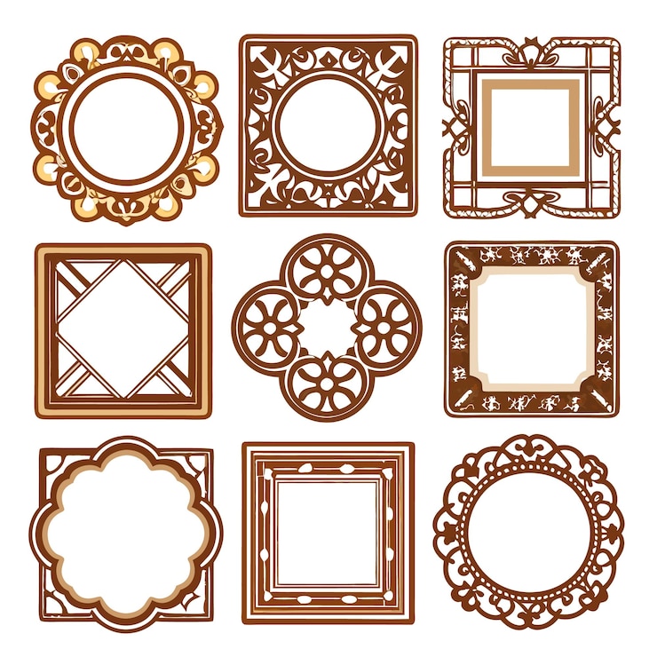 Free Vector set of nine brown ornate frames with empty space for text or images