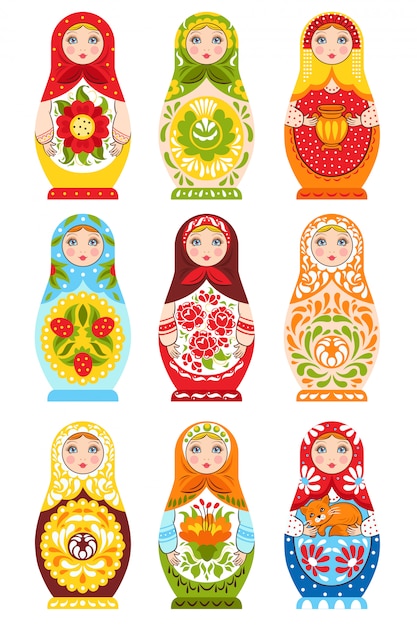 Free vector set of nine colorful nesting dolls