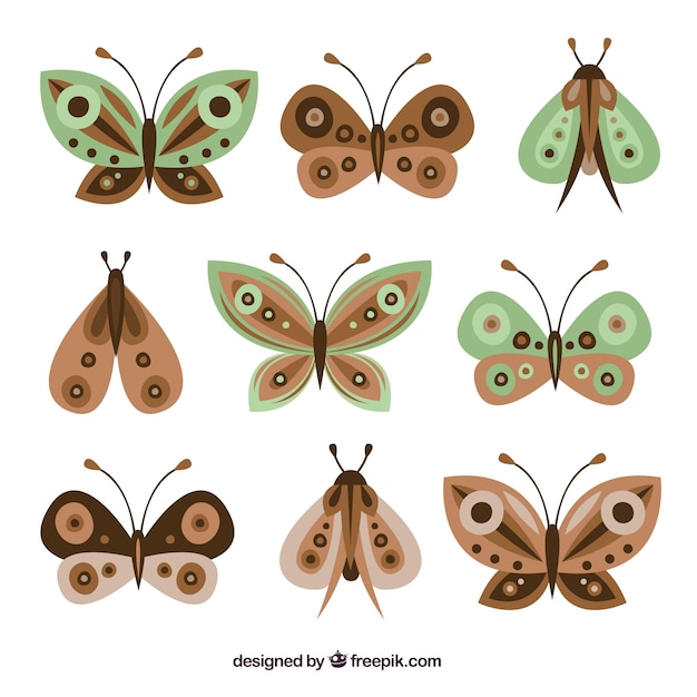 Free vector set of nine decorative butterflies in brown and green tones