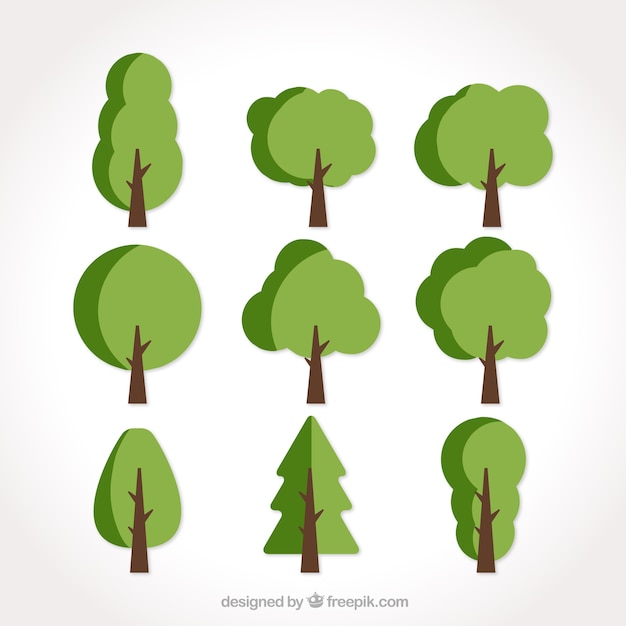 Set of nine flat trees in green tones