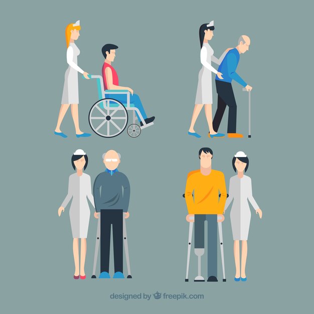 Set of nurses helping injured people with flat design