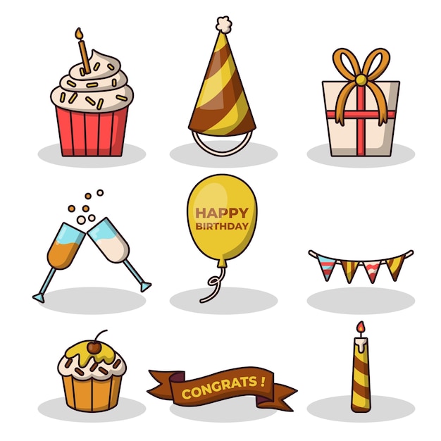 Free vector set of object element for birthday party