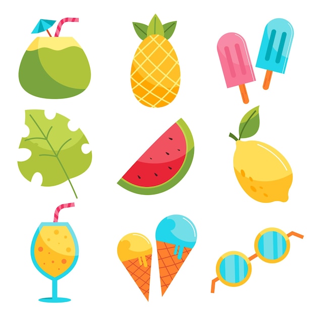 Free vector set of object element for summer vacation in cartoon style vector