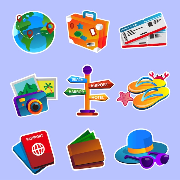 Set of object element travel oversea in cartoon vector