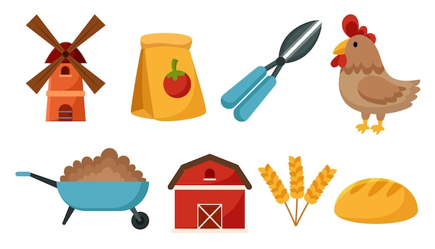 Set di oggetti in fattoria con gallina e attrezzature per la coltivazione di colture e l'allevamento di animali nel personaggio dei cartoni animati, illustrazione vettoriale