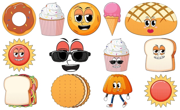 Free vector set of objects and foods cartoon characters