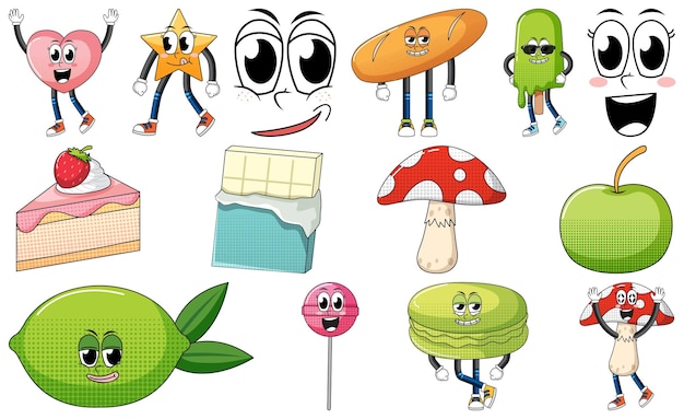 Free vector set of objects and foods cartoon characters